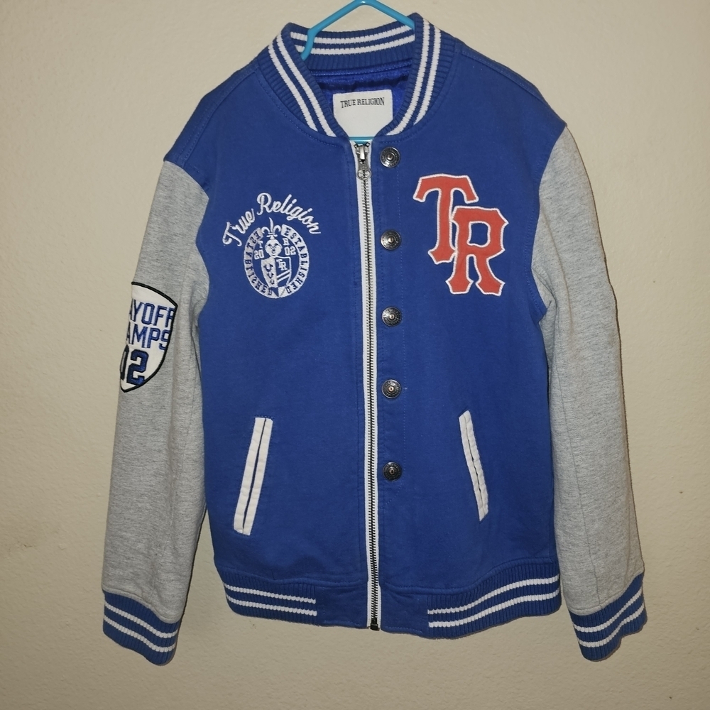 True Religion Blue and Gray Jacket with Red Accents
